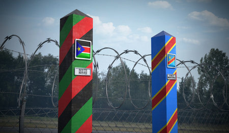 Border posts with flags of South Sudan and Democratic Republic of the Congo - 3d illustrationの写真素材