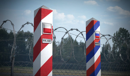 Border posts with flags of Poland and Russia - 3d illustrationの写真素材