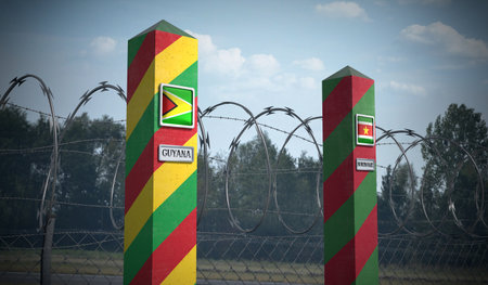 Border posts with flags of Guiana and Suriname - 3d illustration
