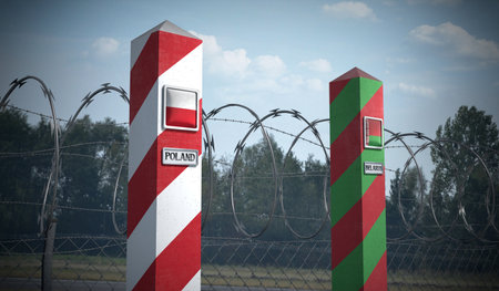 Border posts with flags of Poland and Belarus - 3d illustrationの写真素材