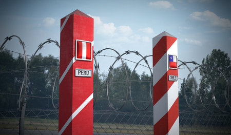 Border posts with flags of Peru and Chile - 3d illustrationの写真素材