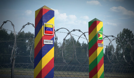 Border posts with flags of Venezuela and Guyana - 3d illustrationの写真素材