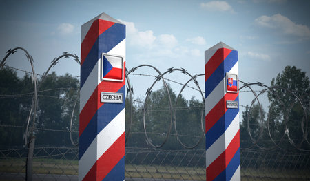 Border posts with flags of Czechia and Slovakia - 3d illustrationの写真素材