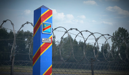 Border posts with flags of Democratic Republic of the Congo and Tanzania - 3d illustrationの写真素材