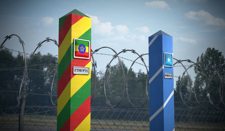 Border posts with flags of Ethiopia and Somalia - 3d illustrationの写真素材