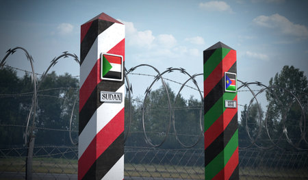 Border posts with flags of Sudan and South Sudan - 3d illustration