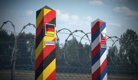 Border posts with flags of Germany and Czechia - 3d illustrationの写真素材