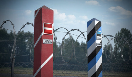 Border posts with flags of Latvia and Estonia - 3d illustration