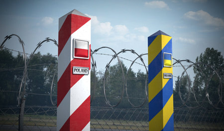 Border posts with flags of Poland and Ukraine - 3d illustrationの写真素材