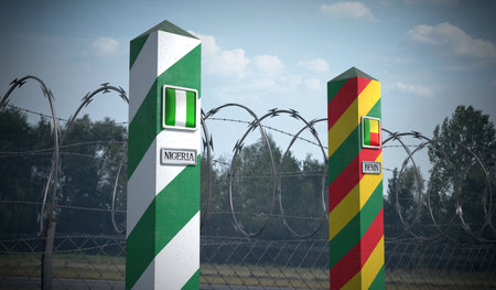 Border posts with flags of Nigeria and Benin - 3d illustrationの写真素材