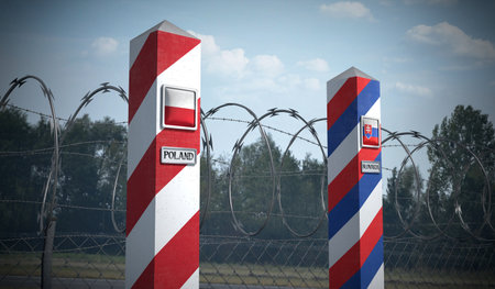 Border posts with flags of Poland and Slovakia - 3d illustrationの写真素材