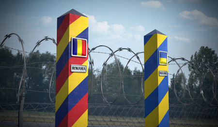 Border posts with flags of Romania and Ukraine - 3d illustration