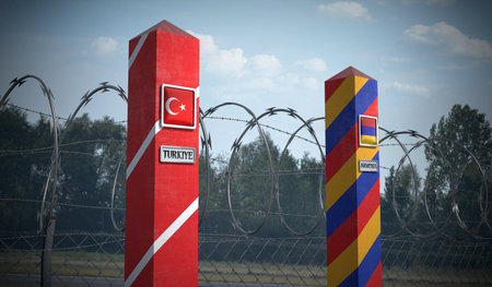 Border posts with flags of Turkey and Armenia - 3d illustration