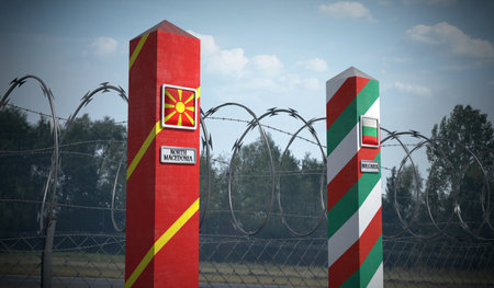 Border posts with flags of North Macedonia and Bulgaria - 3d illustration
