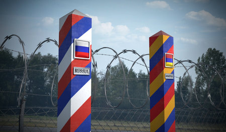 Border posts with flags of Russia and Armenia - 3d illustrationの写真素材