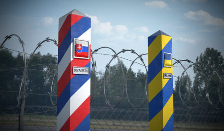 Border posts with flags of Slovakia and Ukraine - 3d illustrationの写真素材
