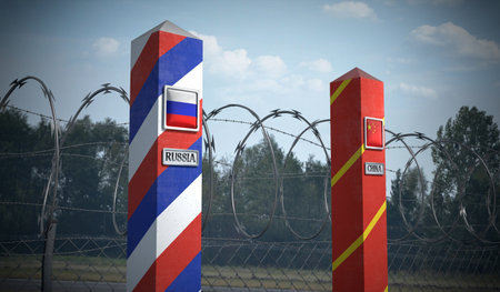 Border posts with flags of Russia and China - 3d illustrationの写真素材