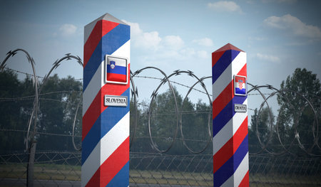 Border posts with flags of Slovenia and Croatia - 3d illustrationの写真素材
