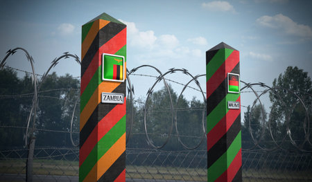 Border posts with flags of Zambia and Malawi - 3d illustrationの写真素材