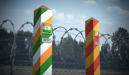 Border posts with flags of India and Bhutan - 3d illustrationの写真素材