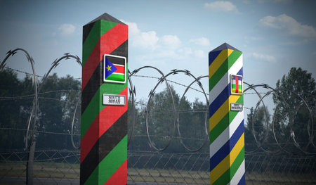 Border posts with flags of South Sudan and Central African Republic - 3d illustrationの写真素材