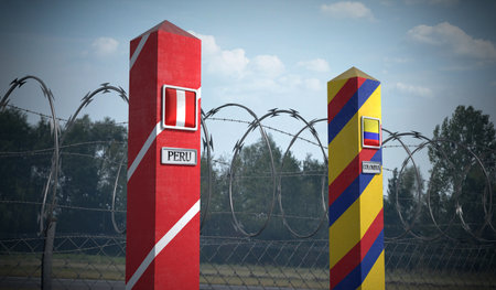 Border posts with flags of Peru and Colombia - 3d illustrationの写真素材