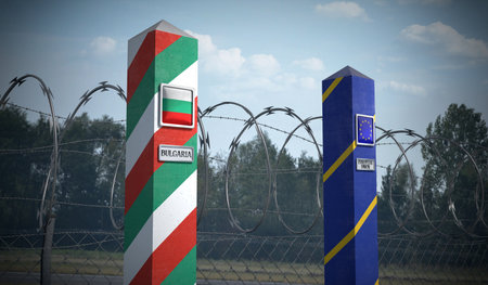 Border posts with flags of Bulgaria and European Union - 3d illustrationの写真素材