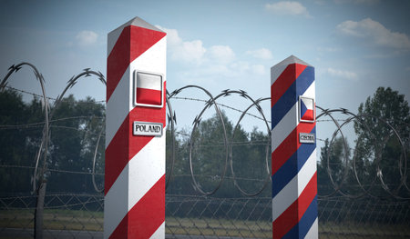 Border posts with flags of Poland and Czechia - 3d illustrationの写真素材