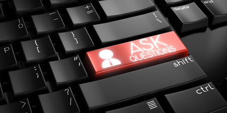 Ask questions - computer keyboard - 3D illustrationの写真素材
