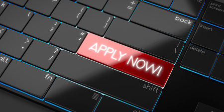 Apply now - modern computer keyboard - 3D illustration