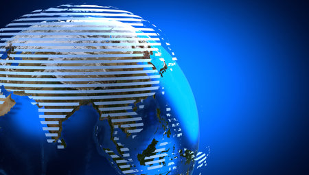 Physical world map and abstract lines, Asia side - 3D illustrationの写真素材