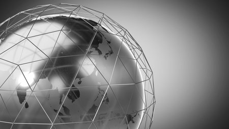 Geometrical world map and wireframe grid, Asia side - 3D illustrationの写真素材