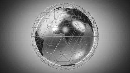 Geometrical world map and wireframe grid, Europe and Africa side - 3D illustrationの写真素材