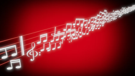 Music notes, treble clef and a staff on red background - 3D illustrationの写真素材
