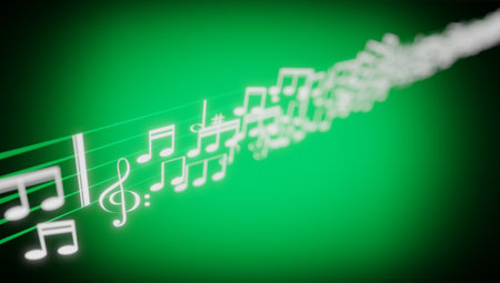 Music notes, treble clef and a staff on green background - 3D illustrationの写真素材