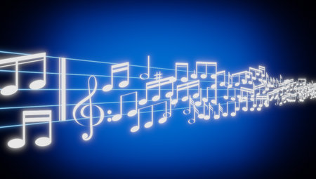 Music notes, treble clef and a staff on blue background - 3D illustrationの写真素材