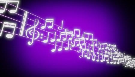 Music notes, treble clef and a staff on purple background - 3D illustrationの写真素材