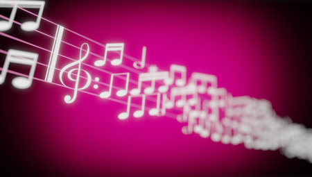 Music notes, treble clef and a staff on pink background - 3D illustrationの写真素材
