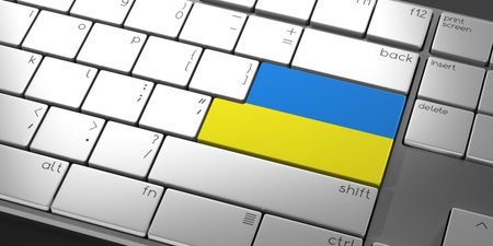 Computer keyboard with flag of Ukraine - 3D illustrationの写真素材