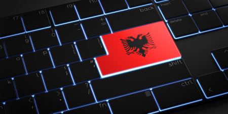 Computer keyboard with flag of Albania - 3D illustrationの写真素材