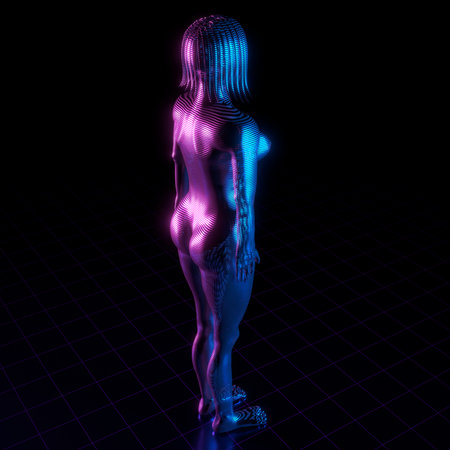Woman hologram - standing model, back side - 3D illustrationの写真素材