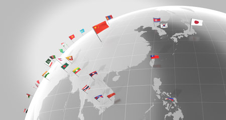 Asia - countries' borders and flags - 3D illustrationの写真素材