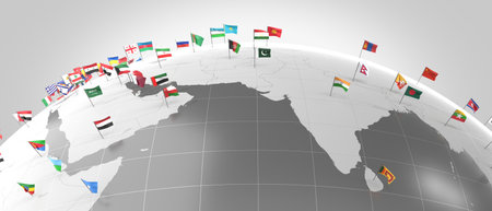 Asia - countries' borders and flags - 3D illustrationの写真素材
