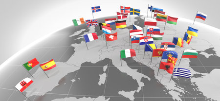Europe - countries' borders and flags - 3D illustrationの写真素材