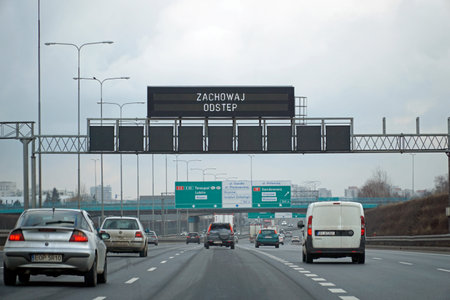 Warsaw, Poland - February 2nd, 2025 - Information boards over the S2 Southern Warsaw Bypass...
