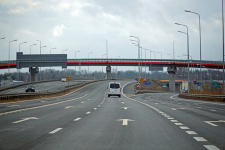 Warsaw, Poland - February 2nd, 2025 - Wide view of the S17 highway junction and overpass