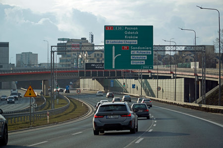 Warsaw, Poland - February 2nd, 2025 - Multi lane highway approach to a junction