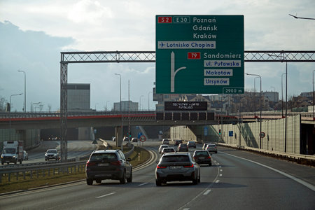 Warsaw, Poland - February 2nd, 2025 - Road sign directing to Poznan and Wroclaw on the S2 bypass