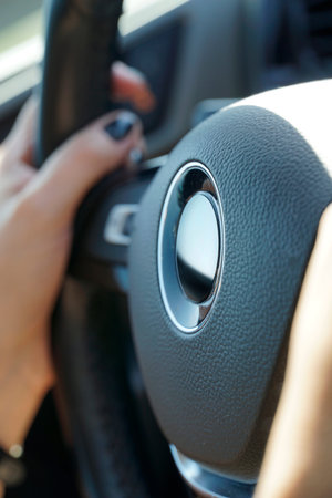 Female Driver Hand On Steering Wheel Inside Carの写真素材