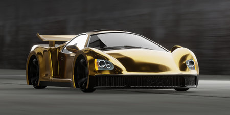 Angled Front View of a Gold Supercar on a Grey Track - 3d illustrationの写真素材